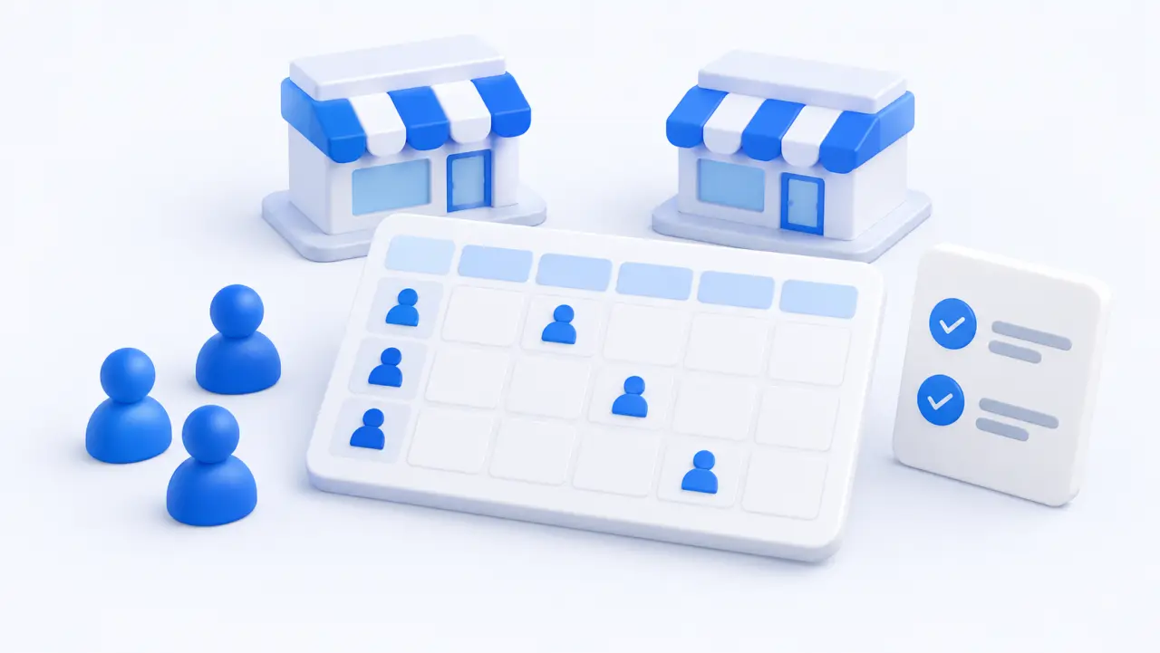 Employee tokens on a schedule board in front of two stores, beside a requirements checklist