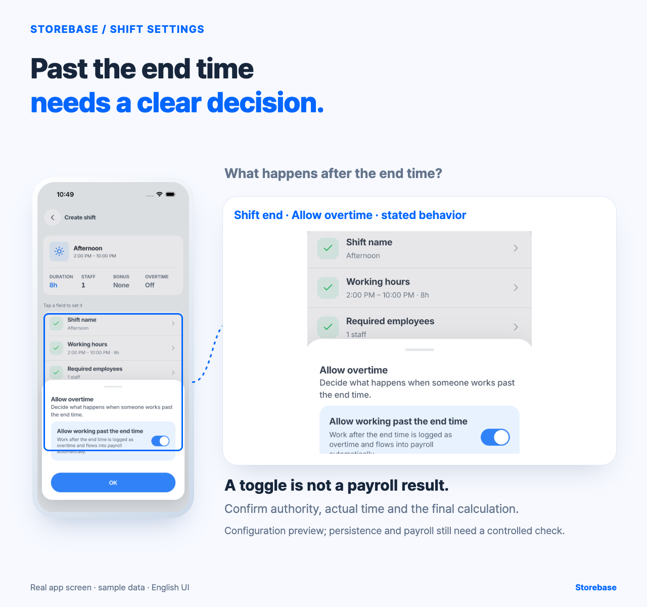 Storebase Create shift screen with Allow overtime sheet and its on toggle for work past the end time.