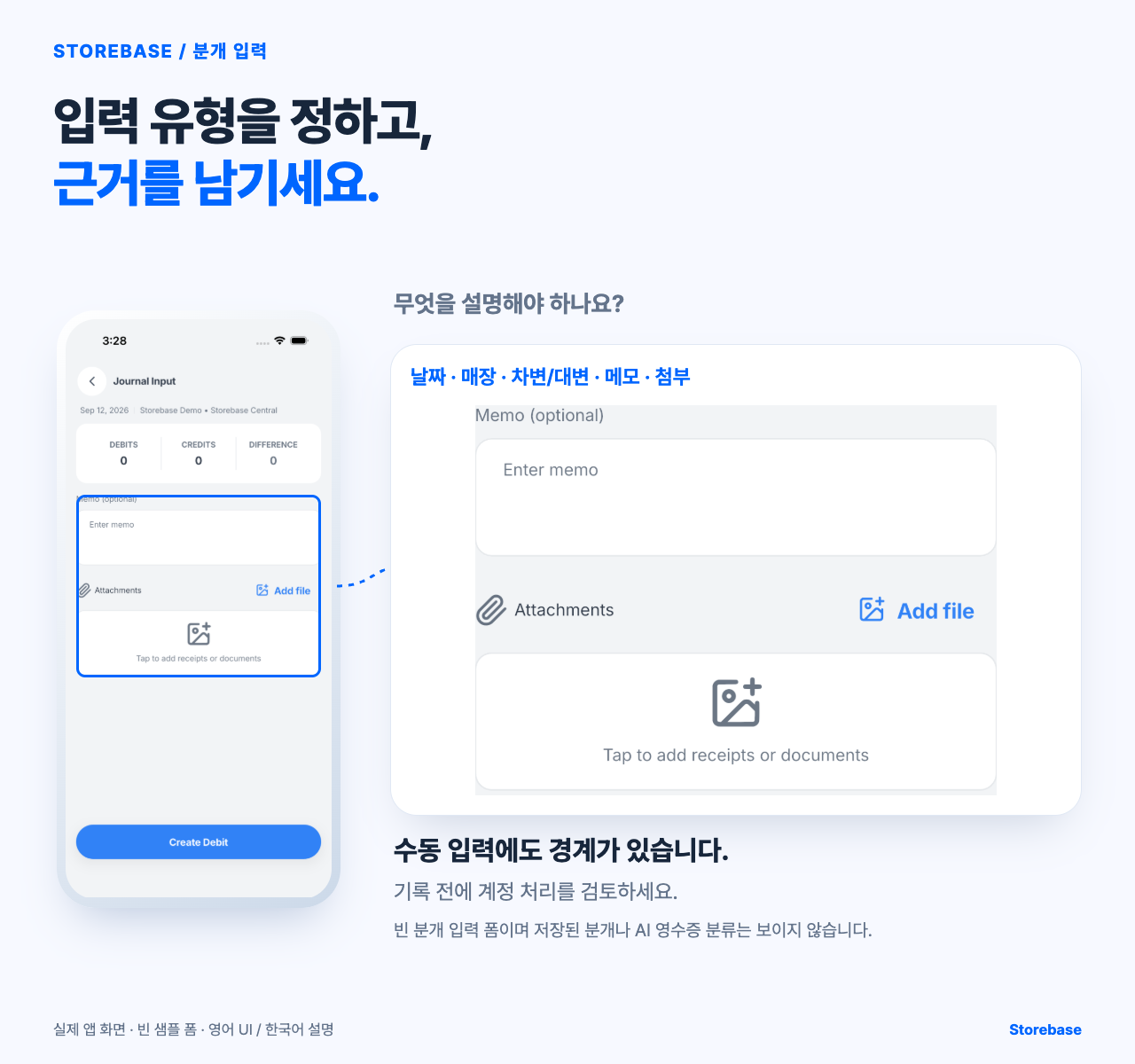 Storebase 분개 입력 수동 폼에서 날짜·매장, 차변·대변 차이, 메모, 첨부와 Create Debit을 보여주는 이미지.