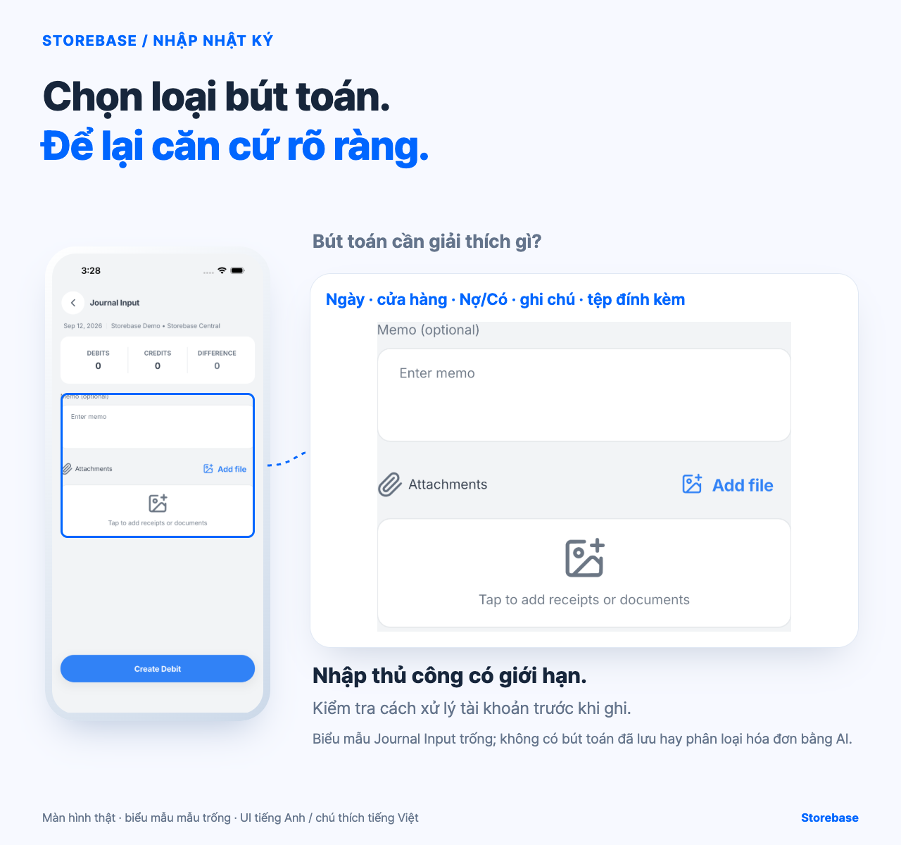 Biểu mẫu Journal Input thủ công của Storebase hiển thị ngày và cửa hàng, chênh lệch Nợ/Có, ghi chú, tệp đính kèm và Create Debit.