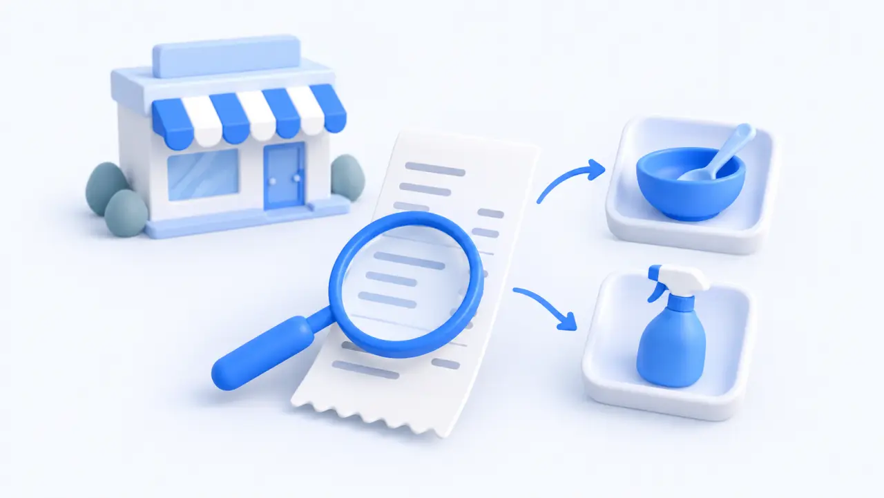 A magnifying glass over a receipt beside separate meal and cleaning-supply objects