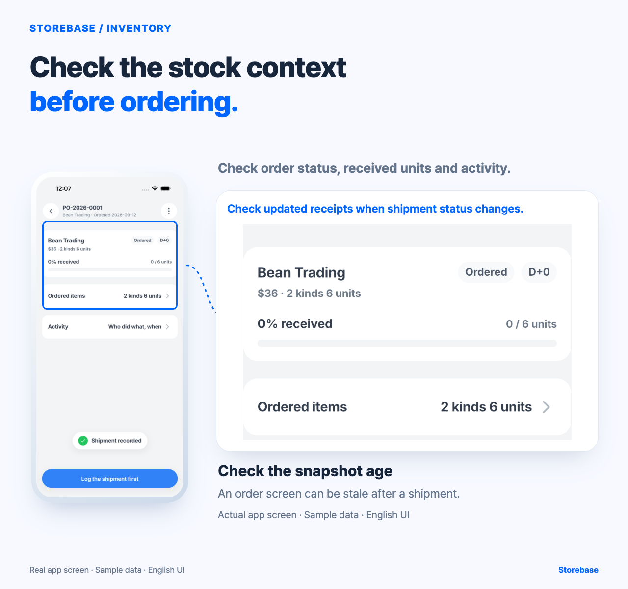 Actual Storebase order detail showing order status, 0% received, ordered items and activity; private evidence only.