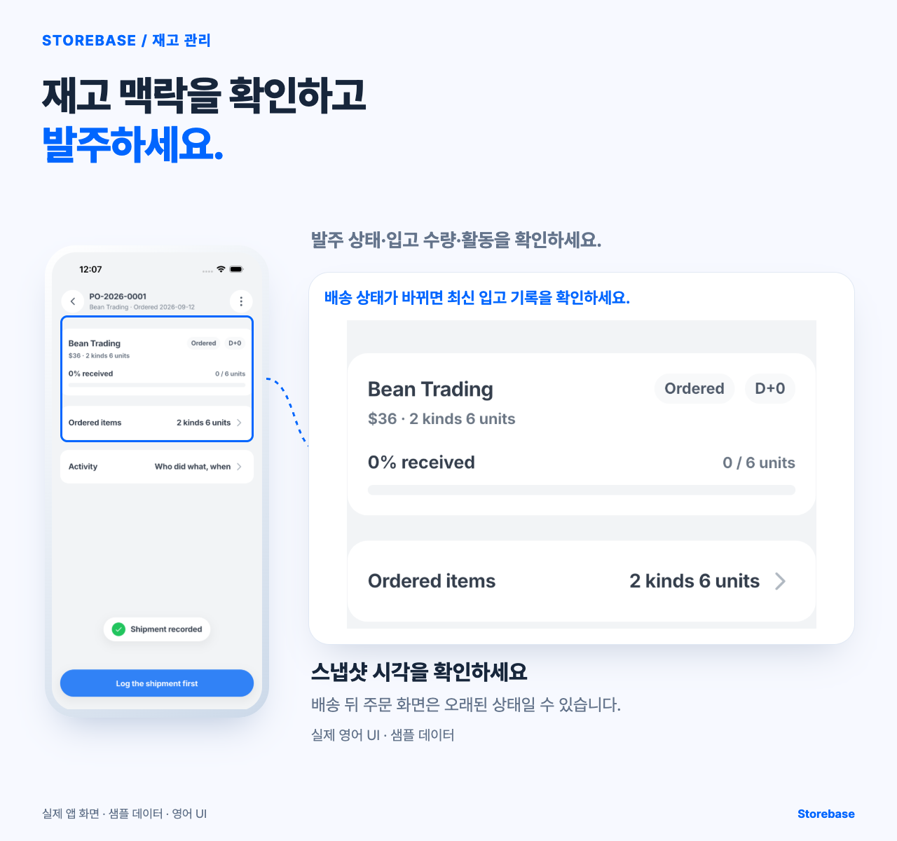 발주 상태·0% 입고·발주 품목·활동을 보여주는 실제 Storebase 주문 상세 private 근거 이미지입니다.