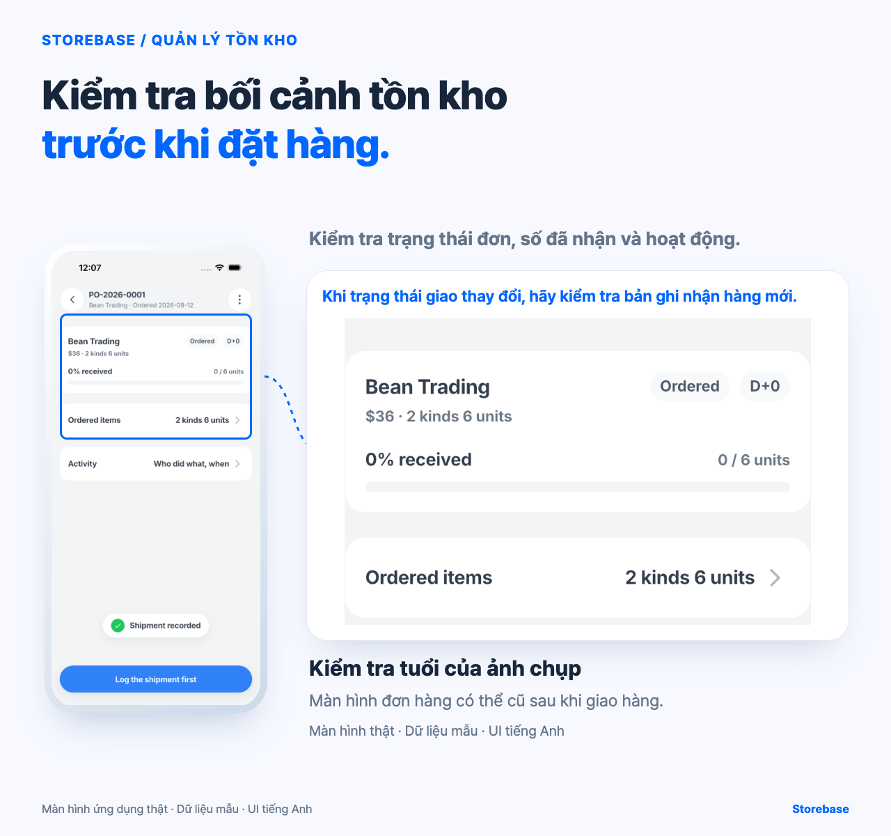 Chi tiết đơn hàng Storebase thật hiển thị trạng thái, 0% đã nhận, mặt hàng và hoạt động; chỉ dùng làm bằng chứng riêng.