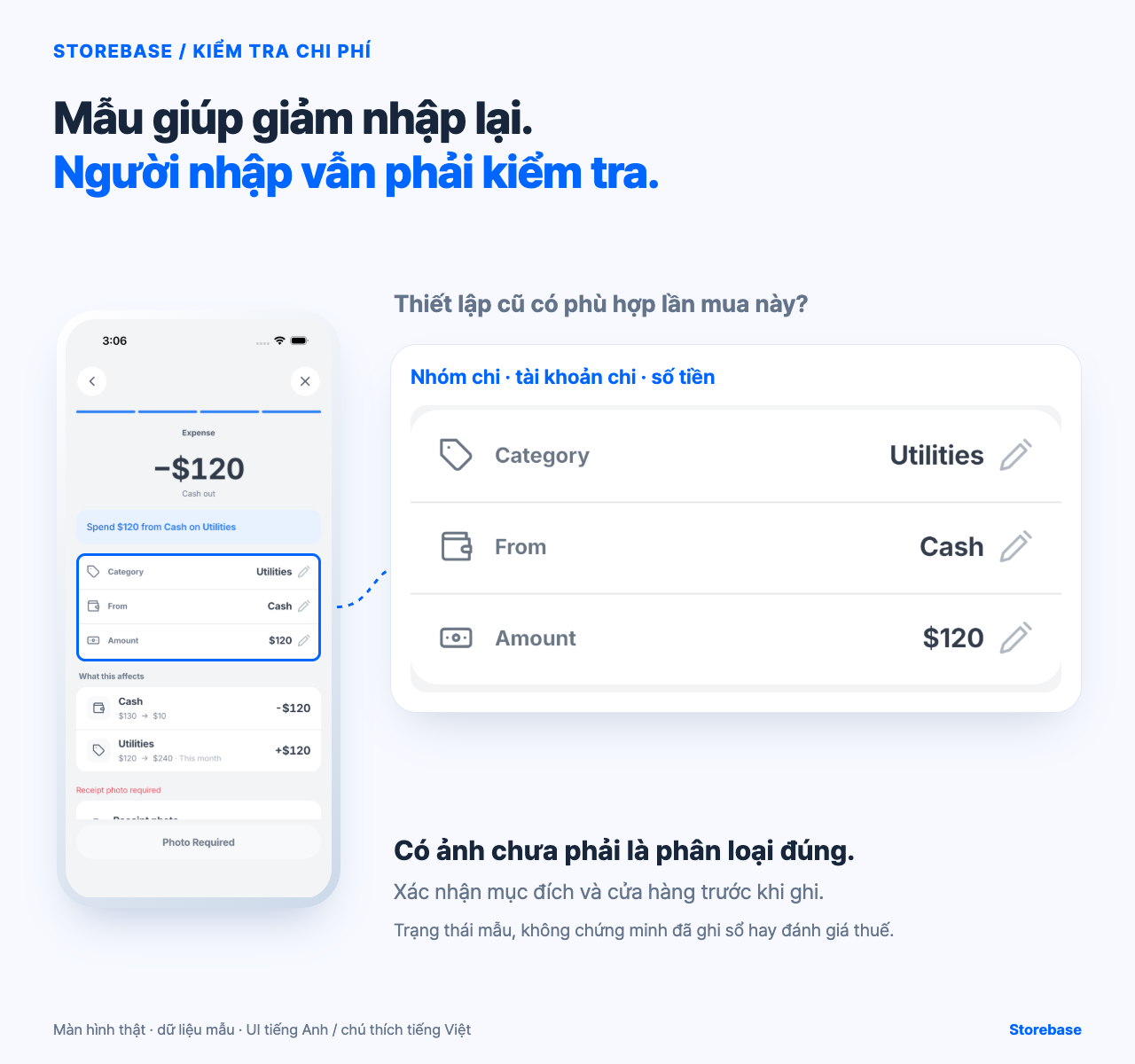 Màn hình kiểm tra chi phí Storebase với Utilities, Cash và 120 đô la được phóng to; màn hình gốc yêu cầu ảnh chứng từ.