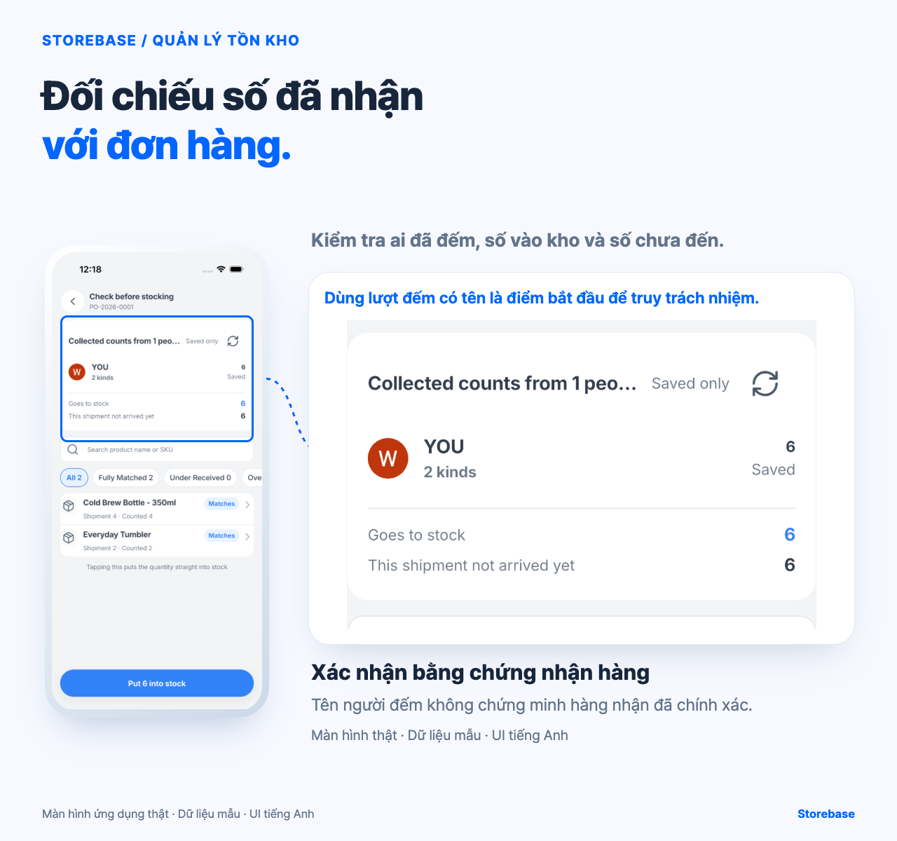 Màn hình rà soát nhận hàng Storebase thật hiển thị người đếm, số đã lưu và số vào kho; chỉ dùng làm bằng chứng riêng.