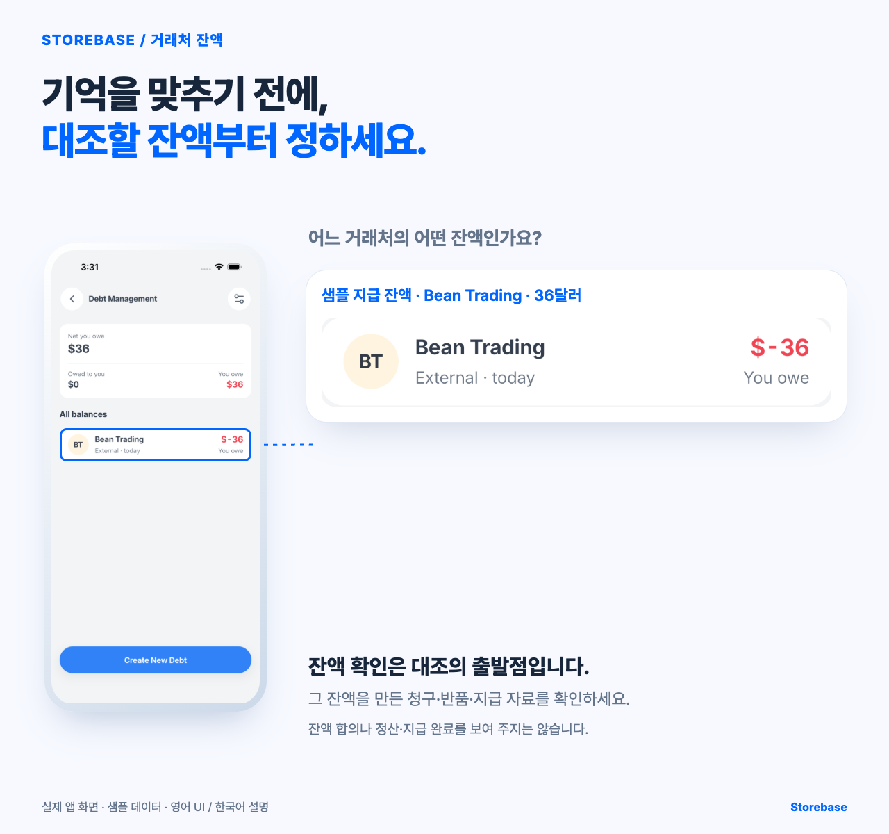 Storebase 외상 관리에서 샘플 거래처 Bean Trading에 지급할 36달러 잔액을 확대한 실제 화면.