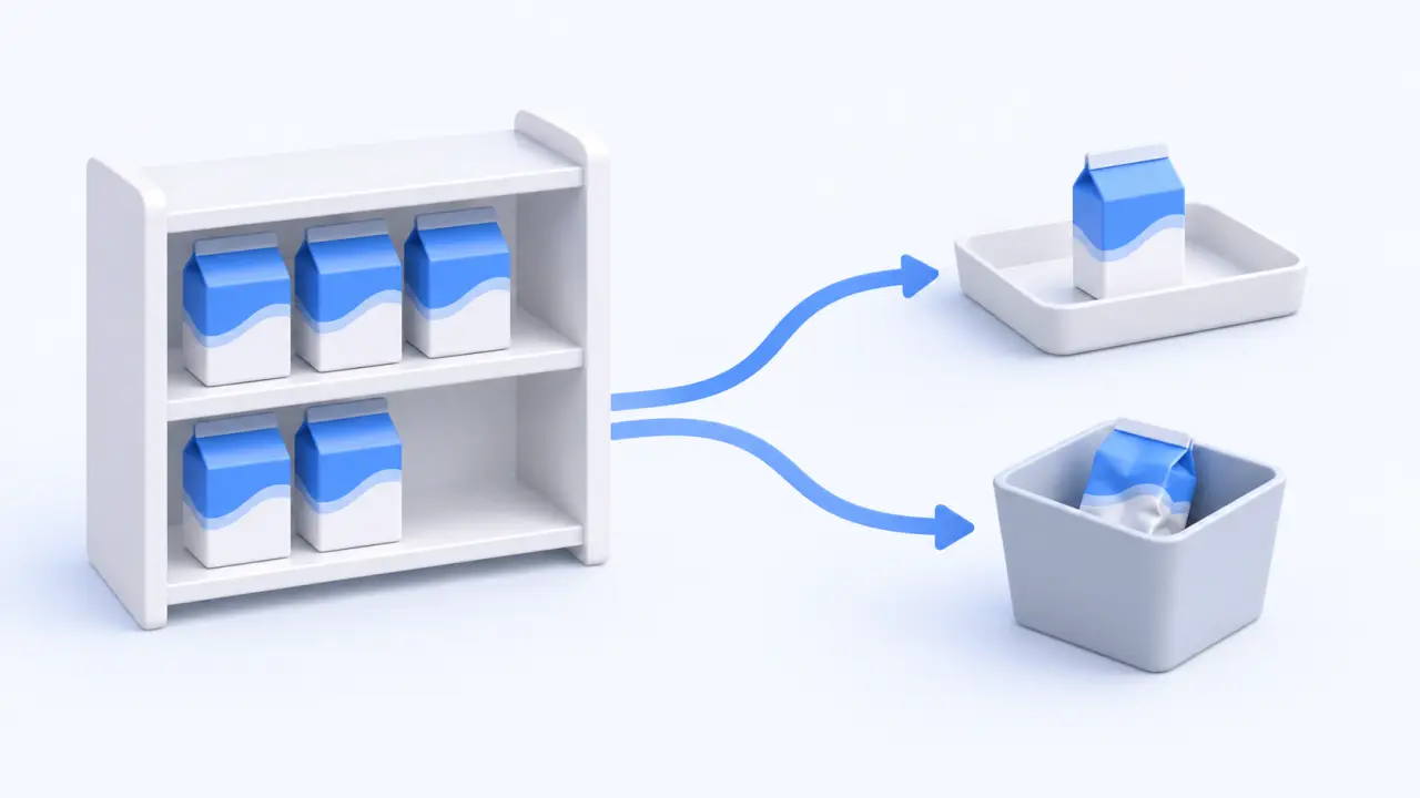 Stock leaves a shelf along separate paths to a used item and a waste bin