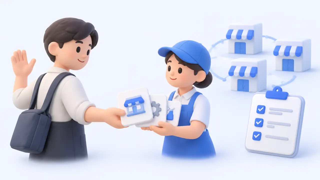 A departing employee passes a small store card to a coworker beside a task checklist