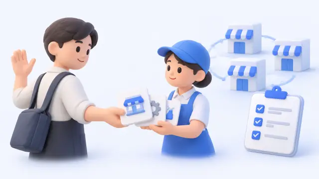 A departing employee passes a small store card to a coworker beside a task checklist