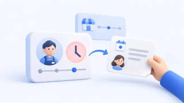 An attendance card with an employee portrait and clock points to a dated explanation note