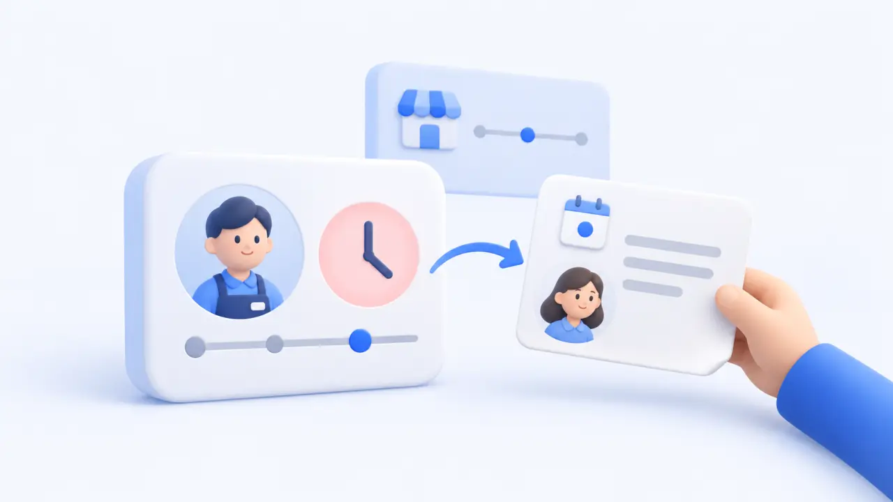 An attendance card with an employee portrait and clock points to a dated explanation note