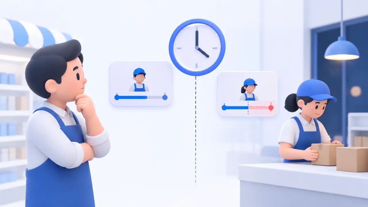 A manager compares staff activity on both sides of a clock-marked shift boundary
