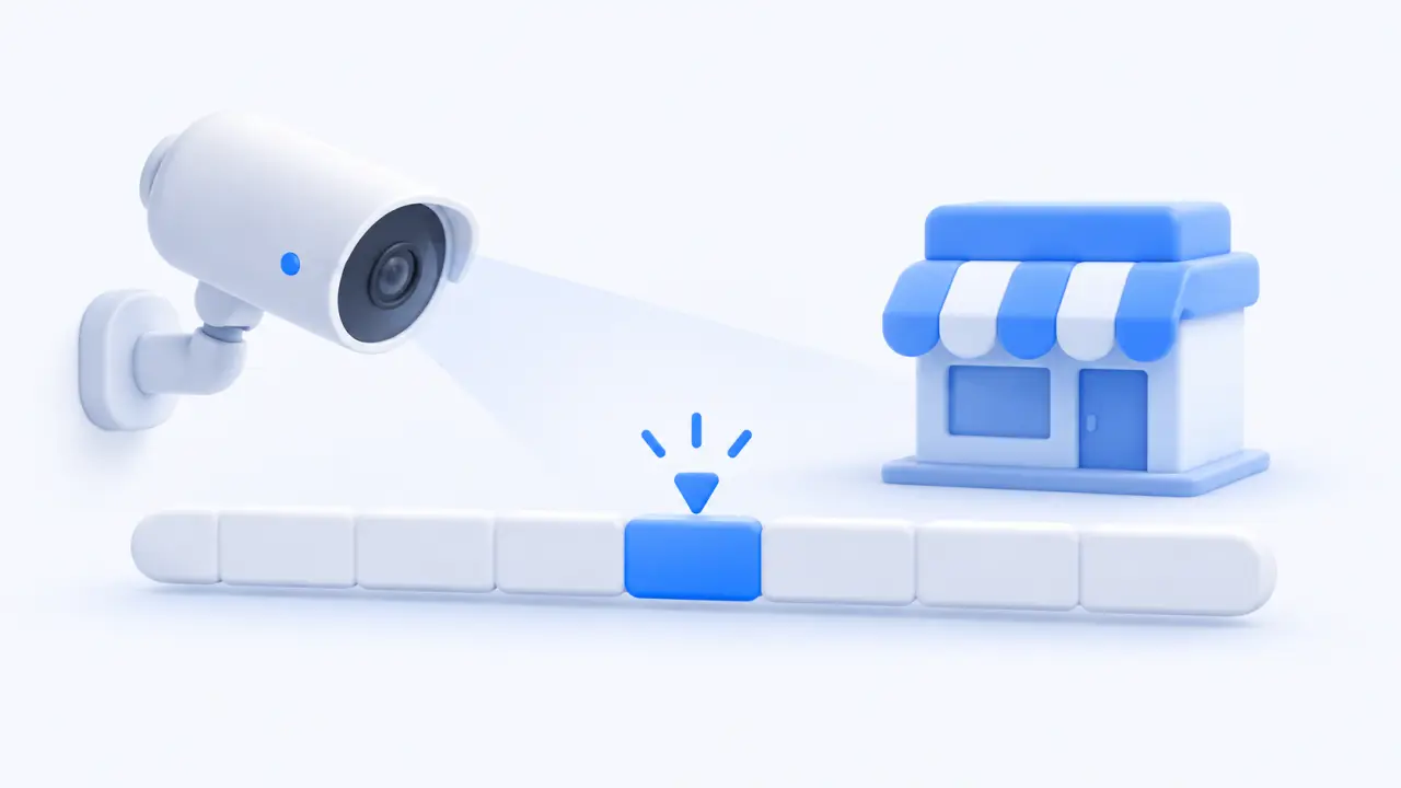 A camera facing a store and one highlighted timeline segment
