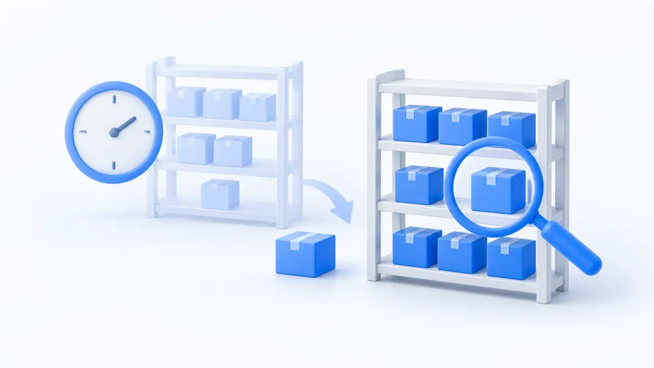 A clock and magnifying glass frame shelves with one item moving between them