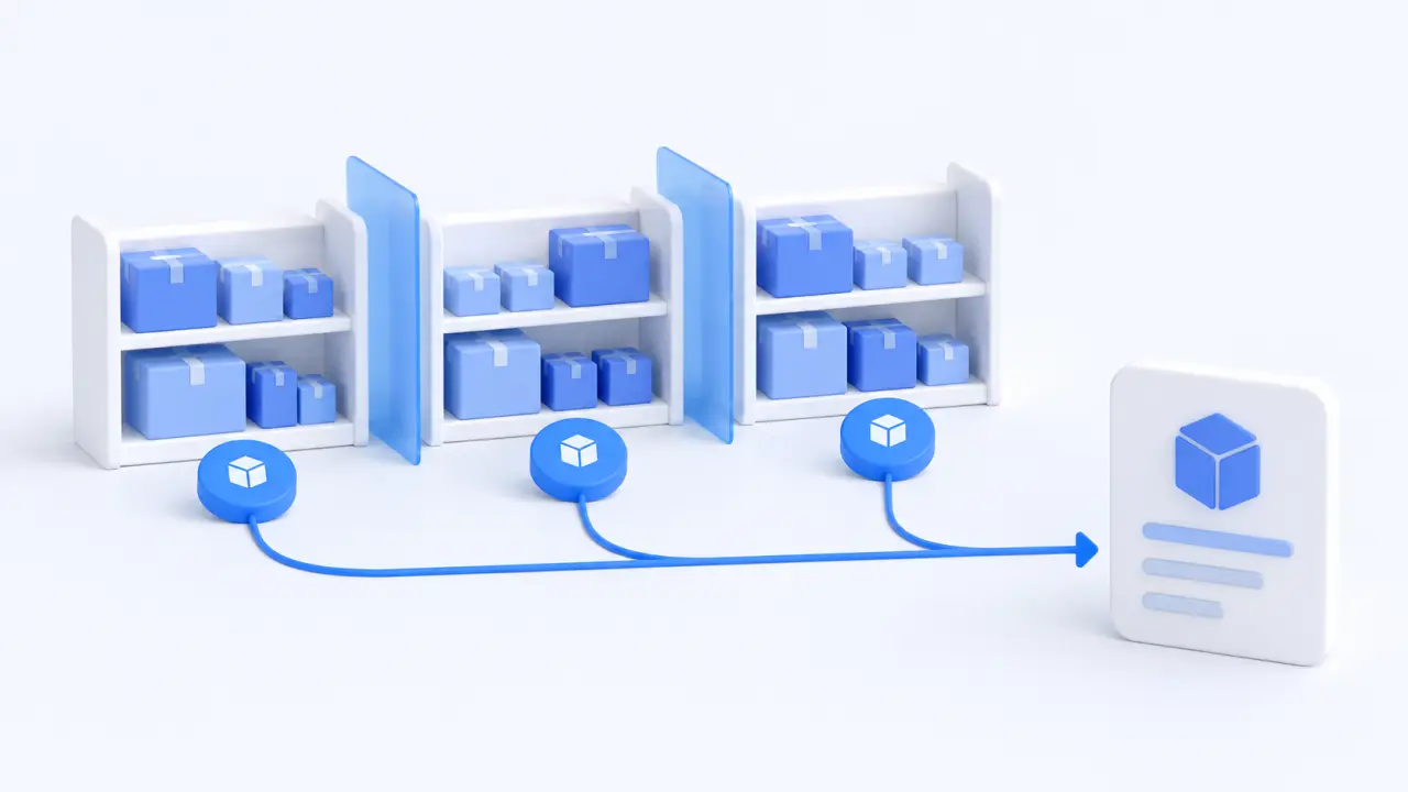 Three shelves with assigned markers feed one consolidated stock record