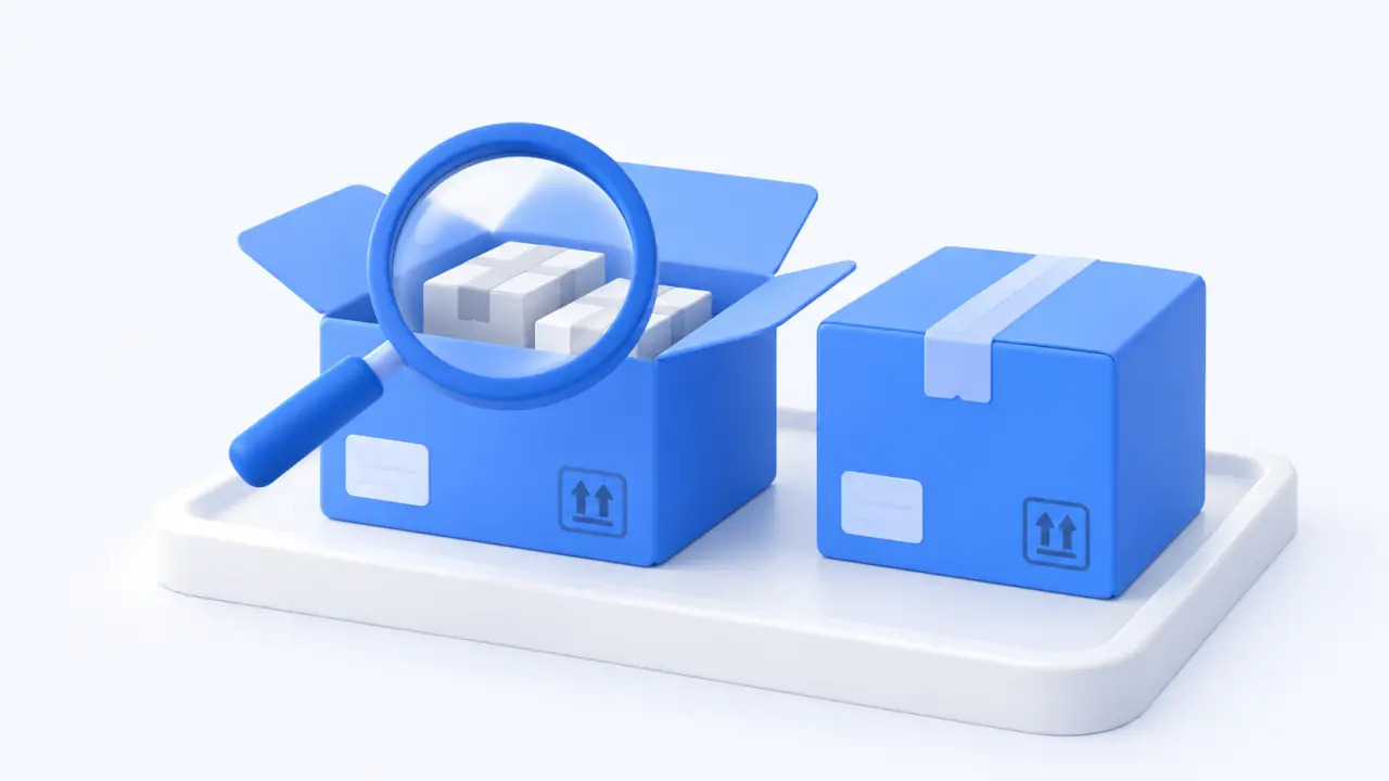 A magnifying glass inspects an open delivery box beside a sealed box on a platform
