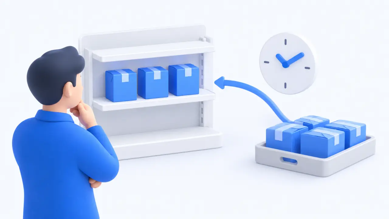 An owner compares shelf stock with an incoming tray while a clock marks elapsed time